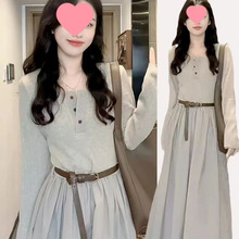 2025秋季新款棉质长袖裙中长款韩版纽扣气质通勤棉面料女款图片色