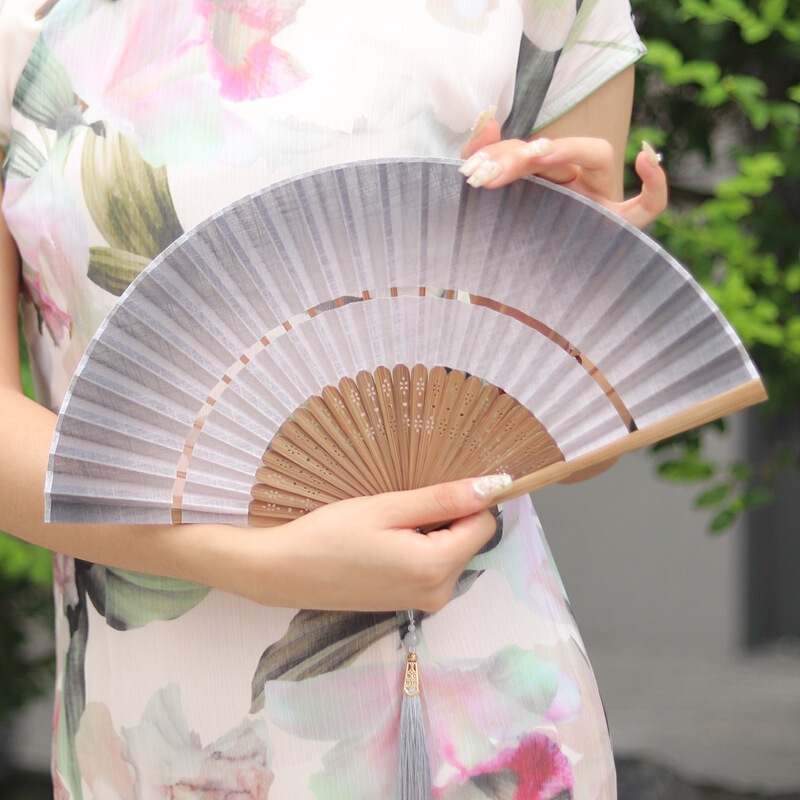 中国風の二重節扇子折りたたみ布張りレトロスタイルチャイナドレス漢服小型扇子ポータブル夏の女性のダンス扇子|undefined