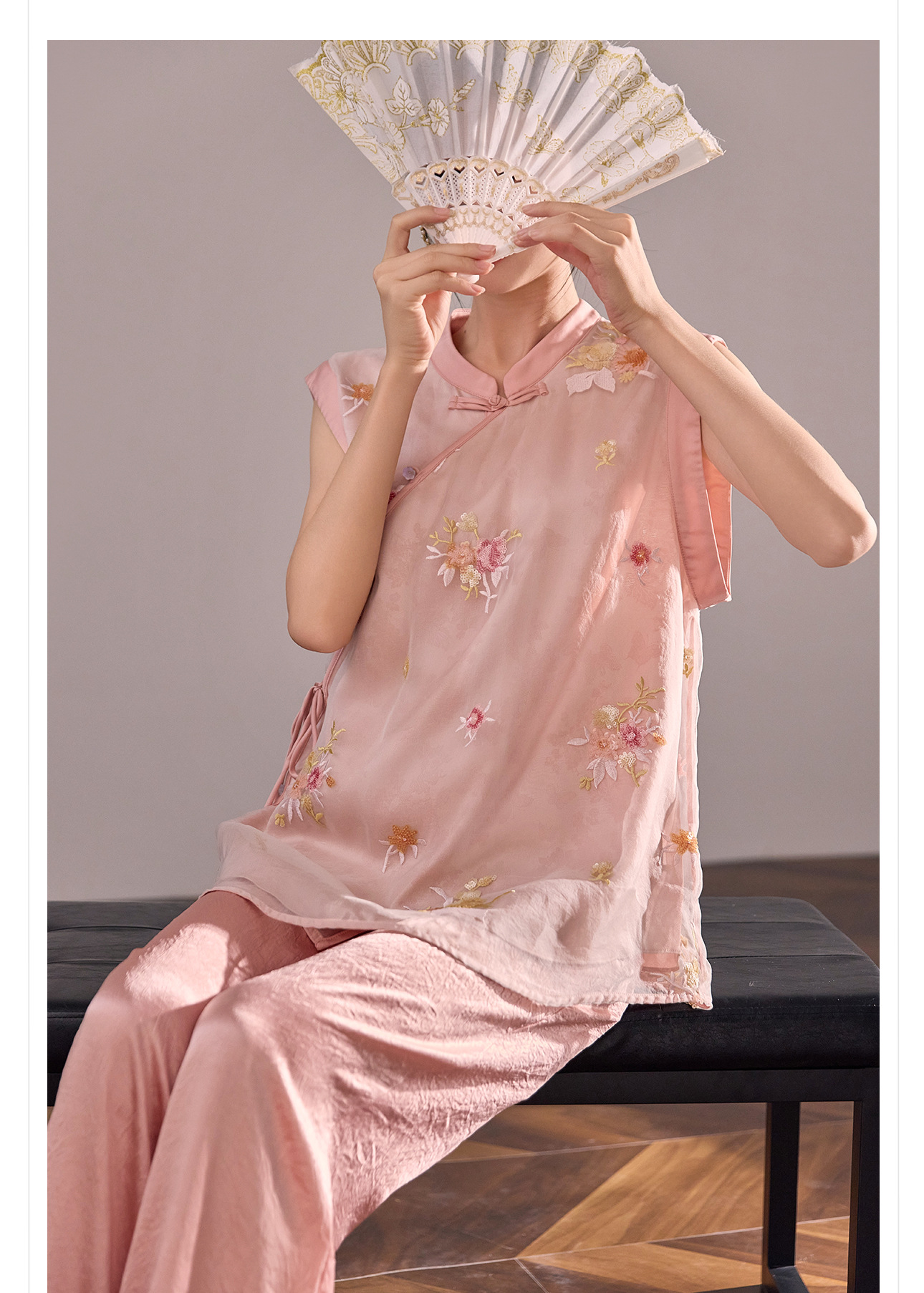 Áo vest lụa tằm thêu hoa phong cách Trung Quốc mới, thiết kế mỏng mùa hè M4007B — màu hồng chi tiết 4
