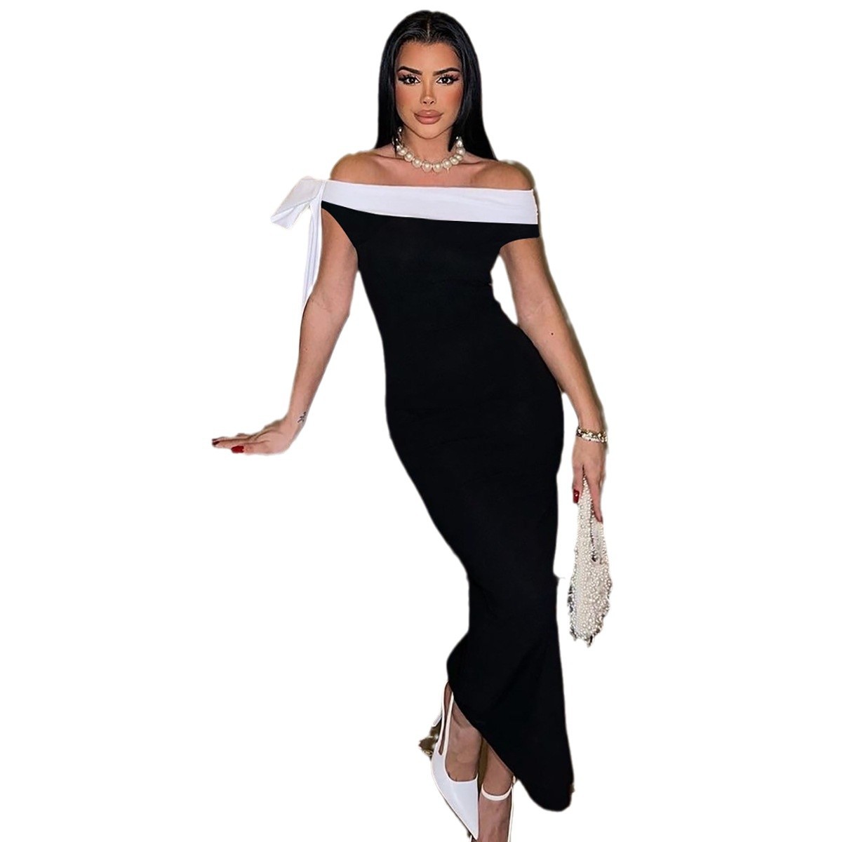 Estilo europeo y americano ropa de mujer transfronteriza otoño e invierno nueva moda temperamento tirantes de un solo hombro sin mangas bolso delgado vestido de cadera mujeres image 6