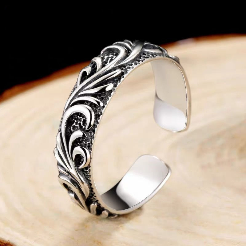 Silver Plated Open Ring Men's Single Domineering Tang Grass Pattern Ring Personalized Retro Hip Hop Thai Silver Fashionable Male Student