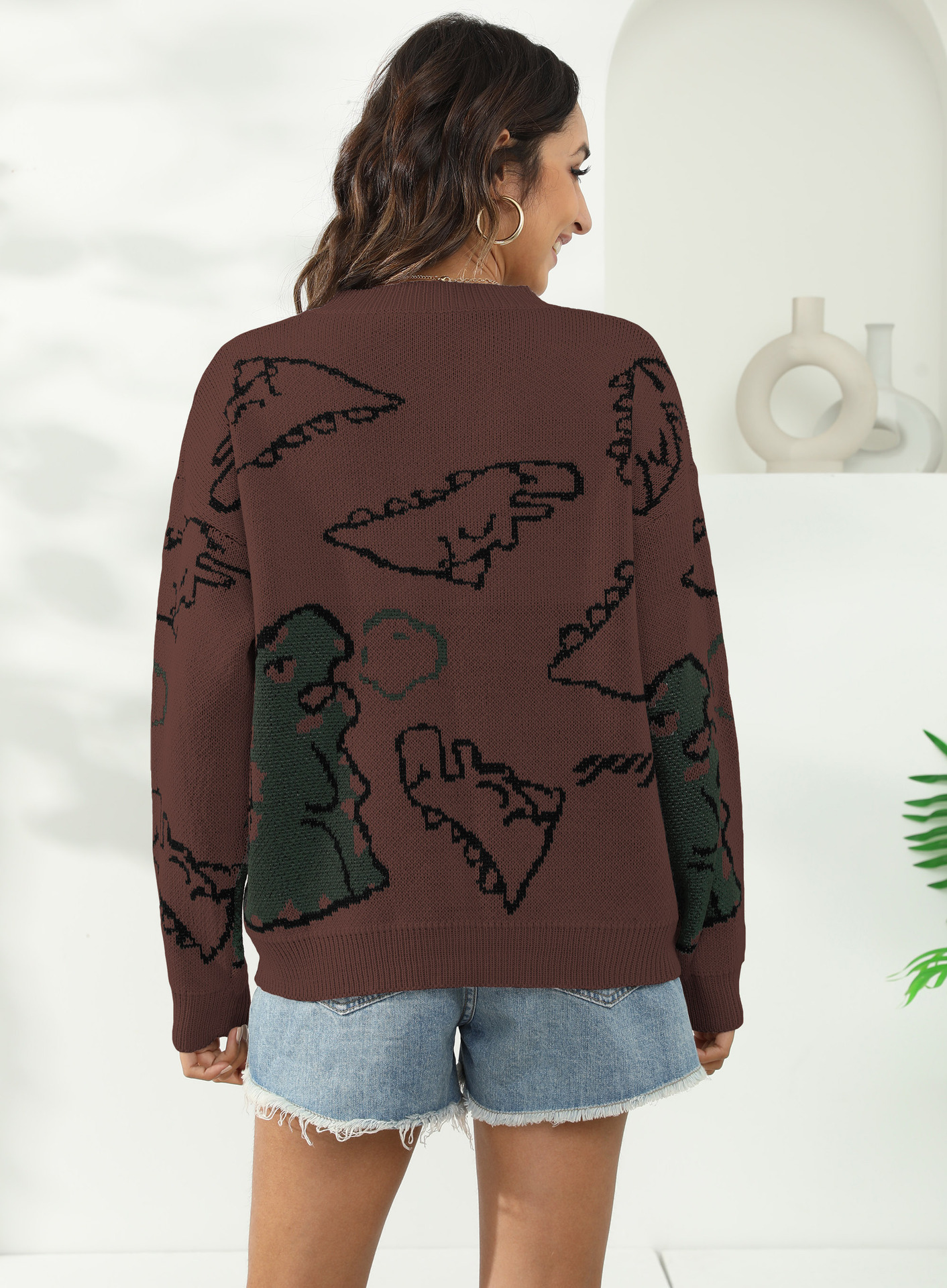 Dinosaur Jacquard Pullover Loose Sweater NSOY104697