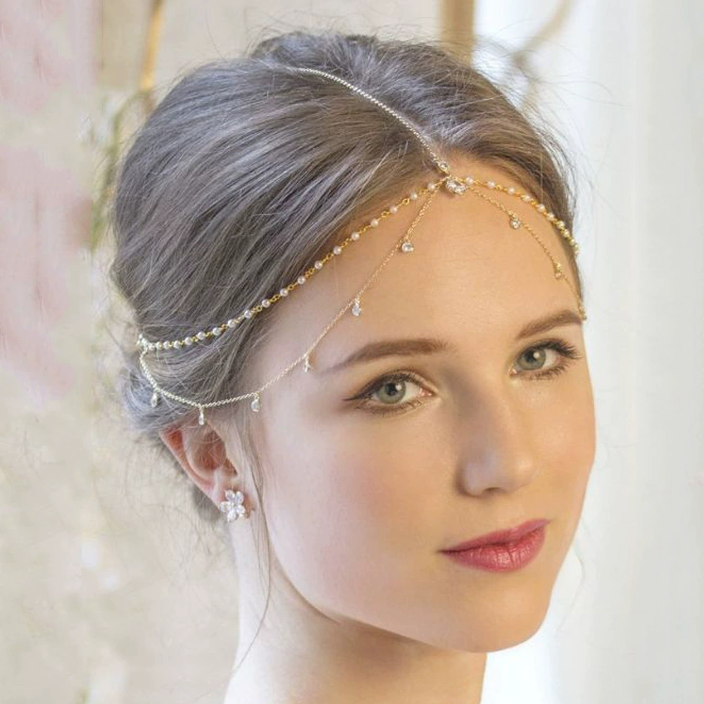 Amazon новый многослойный циркон подвеска головной убор Европейская и американская мода этнический стиль жемчуг лоб цепочка hair chain