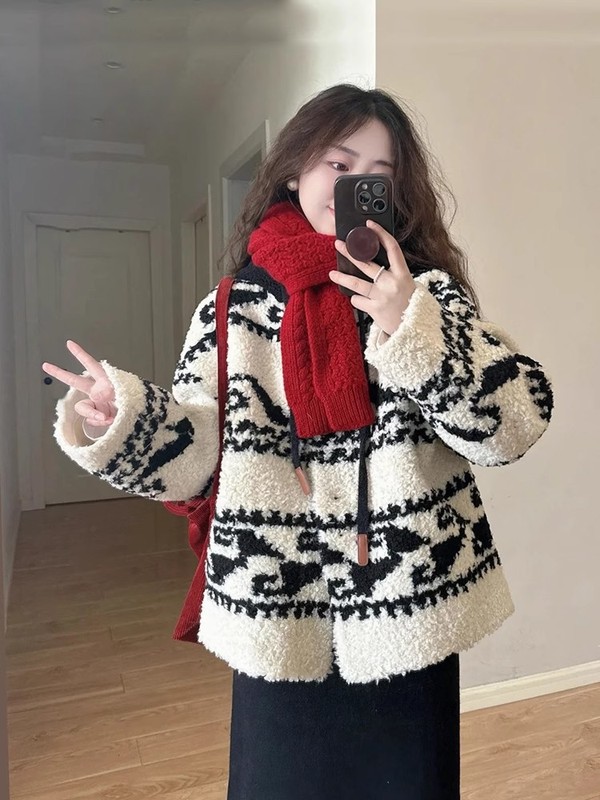 女性用のパターンコントラストカラーデザインのラムウールジャケット、中国風のフード付き、ゆったり、ベルベット、厚みがあり、小柄な人向けに暖かく保ちます。|undefined