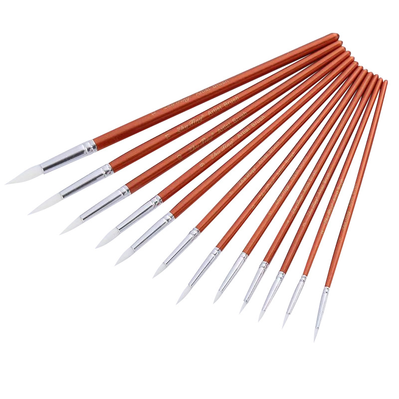 12 postes de madera de color rojo nacarado, pelo de nailon blanco, bolígrafo de acuarela, juego de pinceles, suministros de arte, pintura creativa pintada