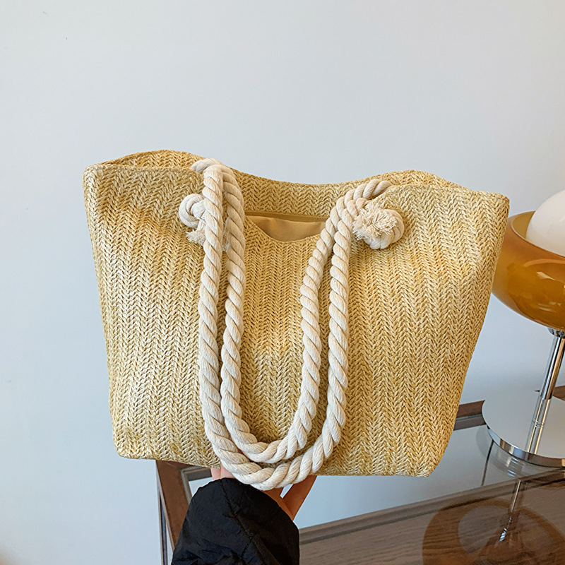 Handmade Rattan Woven Shoulder Bag With Leather Trim And Handle_voghion.com