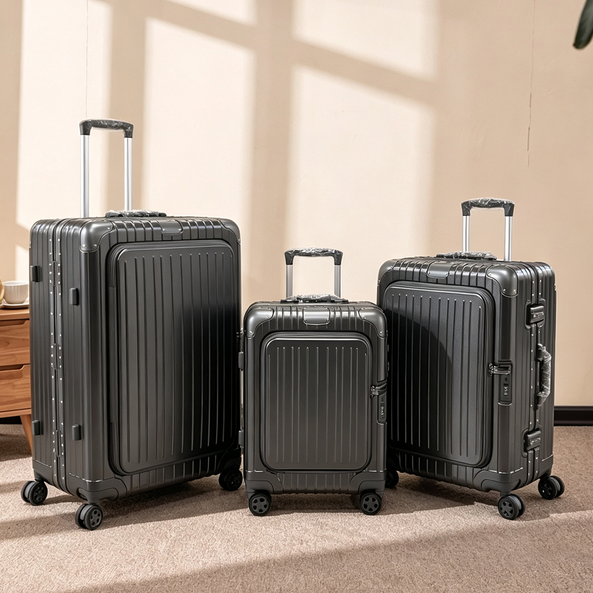 Factory direct stock of travel suitcases with trolley handles, front opening and side opening, 20/24/28 inch models, TSA locks, sturdy and durable.
