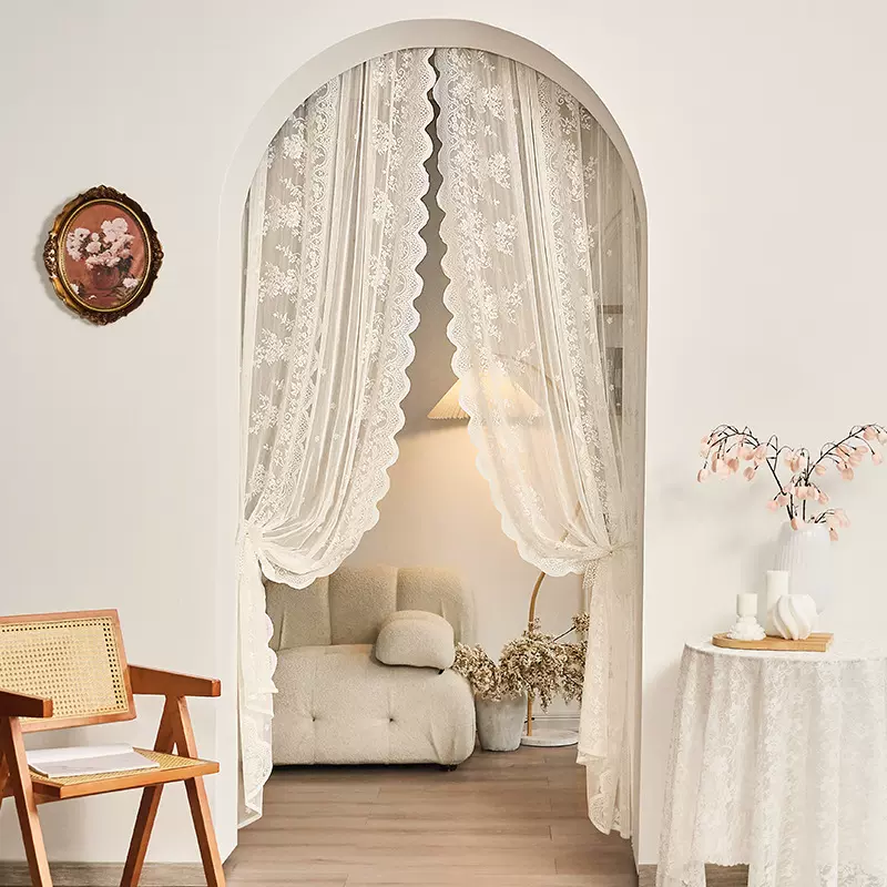 免打孔法式蕾丝纱帘橱窗遮挡飘窗隔挂钩式窗帘阳台客厅穿杆门帘