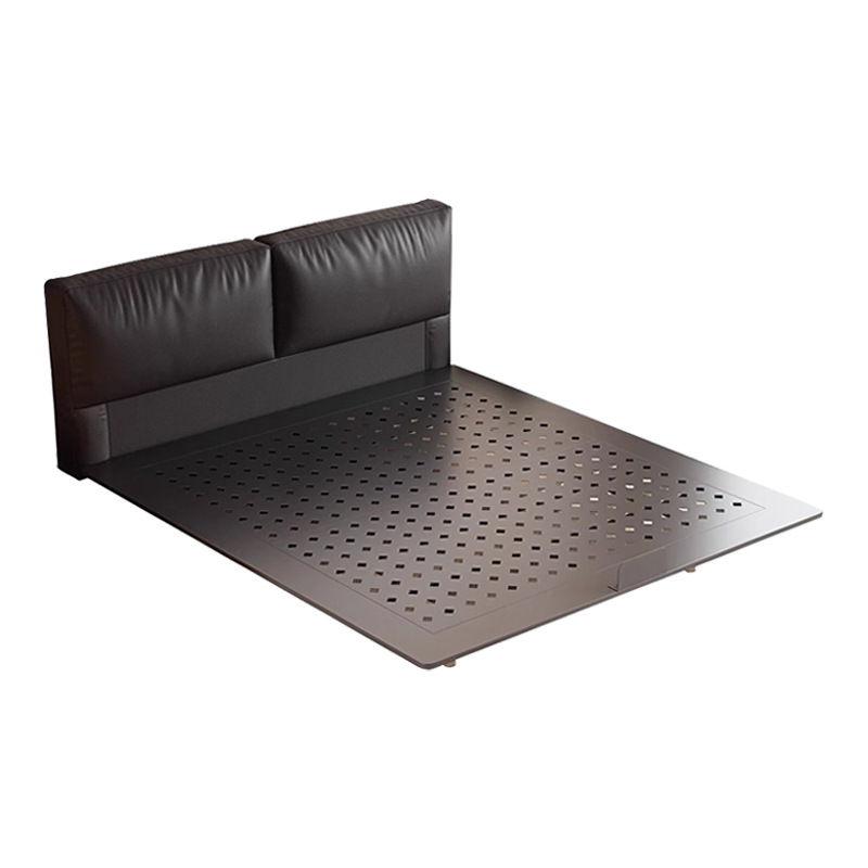 Cama suspendida con bloque de tofu negro, marco de cama de acero al carbono, dormitorio principal minimalista italiano, cama de boda doble, cama de cuero