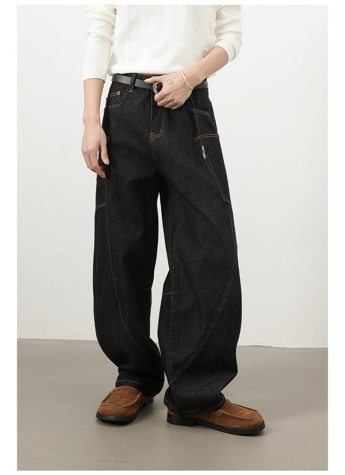 Quần jean nam ống rộng phong cách đường phố retro, nhiều túi hộp, dáng lỏng lẻo — Denim đen, Trắng, màu hồng, màu xanh chi tiết 13