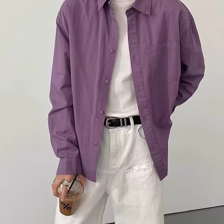 Spring and Autumn Korean Style Fashionable Cleanfit Purple Shirt for Men, Vintage Style, Loose Fit [Directly Shipped from the Manufacturer]