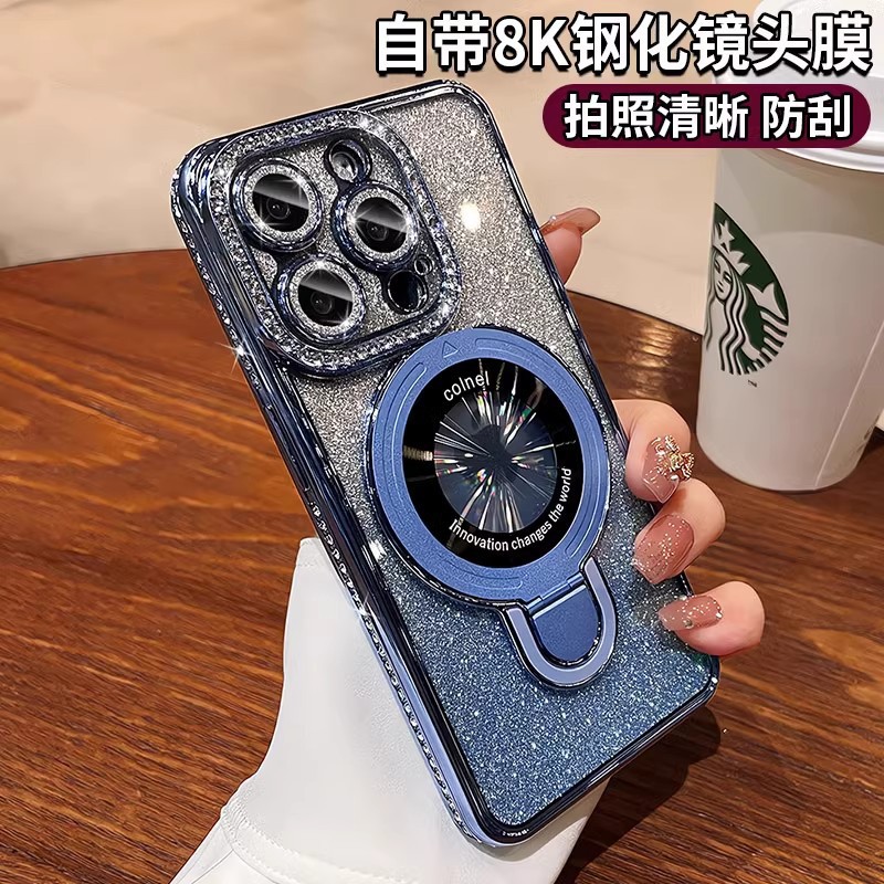 Aplicable a Apple 16 ProMax galvanizado polvo de brillo de lujo diamante de alta calidad caso de teléfono iphone 17 soporte de succión