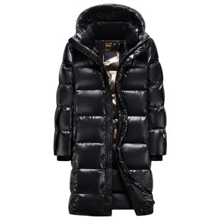 Black Gold White Duck Down Jacket Thickened Men's and Women's Knee Mid-length Black Hooded New Winter Couple Jacket