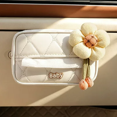 Car tissue box/set – decoration - light-yellow-sunflower-beige-diamond-patterned-glove-box-tissue-box