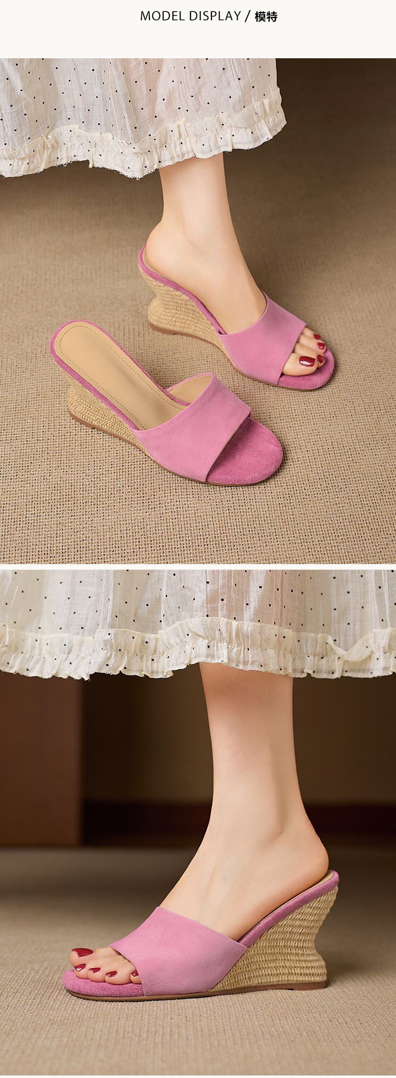 Dép sandal nữ quai ngang gót xuồng cao 9 cm, mũi hở, chất liệu da lộn giả cừu — Hồng, Màu hạnh- chi tiết 4