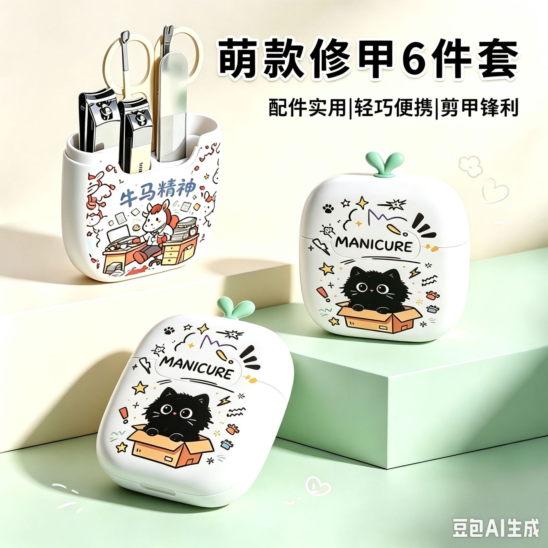 Cute nail clipper set, including cleaning and care tools, nail clippers, cuticle nippers, and a nail file – a complete manicure set