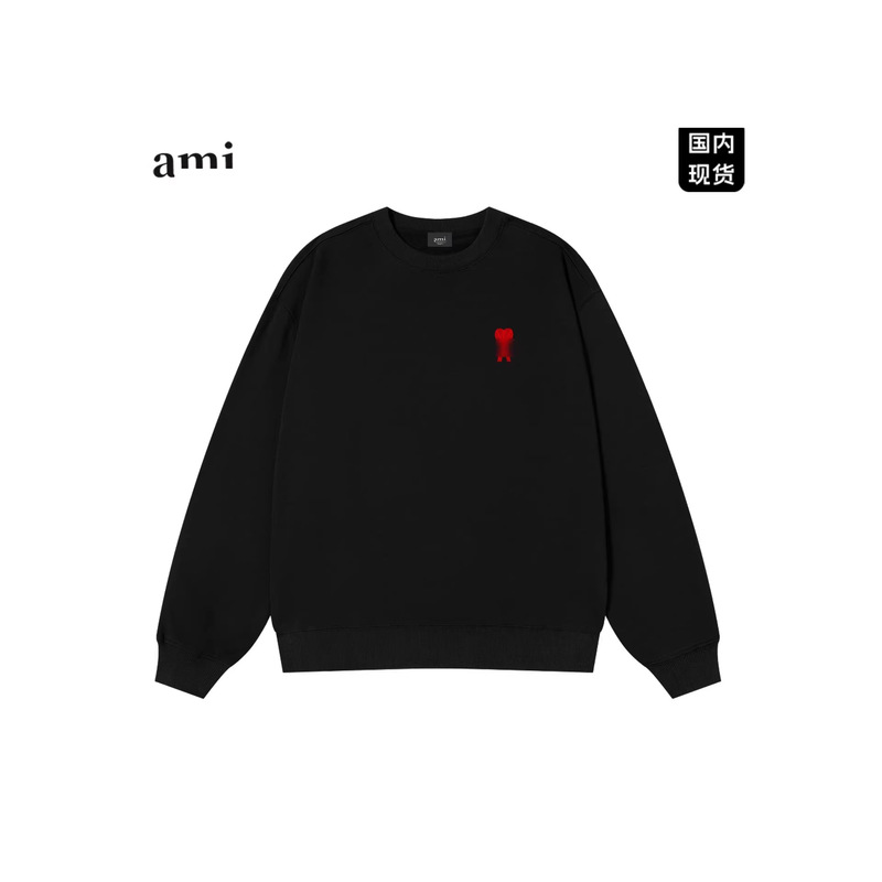 Pure Cotton Ami Official Black Crewneck Sweatshirt for Men and Women, American Style Trendy Loose Fit with Heart Embroidery, Couple Sweatshirt for Autumn Campus