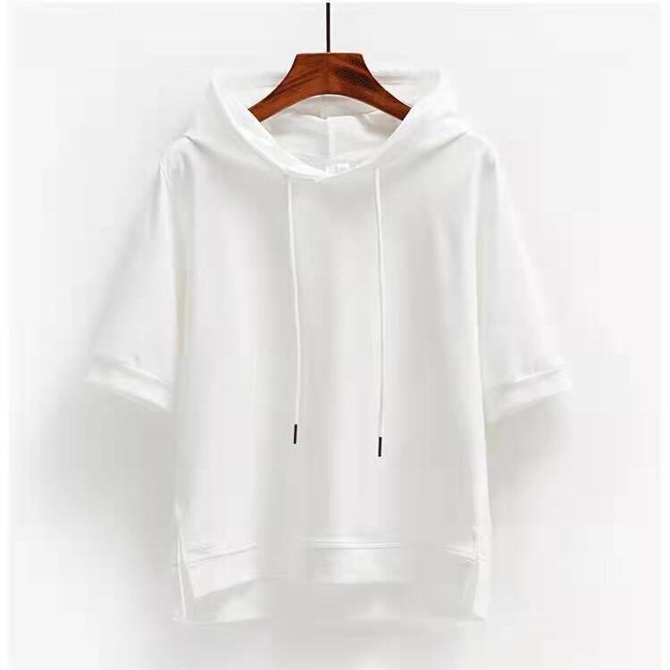 Cotton Short-Sleeved Sweatshirt for Women, Loose Solid Color 2026 New Spring and Summer Half-Sleeved Slit Five-Quarter Sleeve Hooded T-Shirt Top
