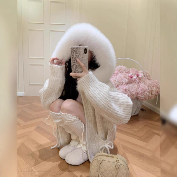 毛衣外套女秋冬新款韩系宽松慵懒风针织开衫连帽狐狸毛大毛领外套|undefined