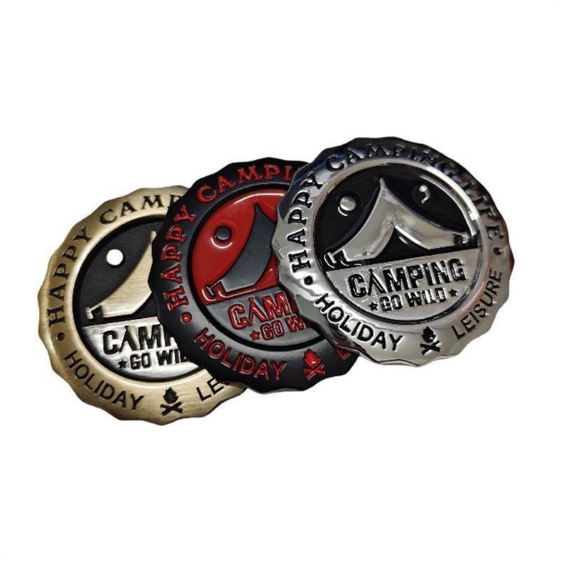 Camping car emblem, personalized creative car decal for outdoor adventures, mountain climbing, travel car body decoration, metal rear car emblem