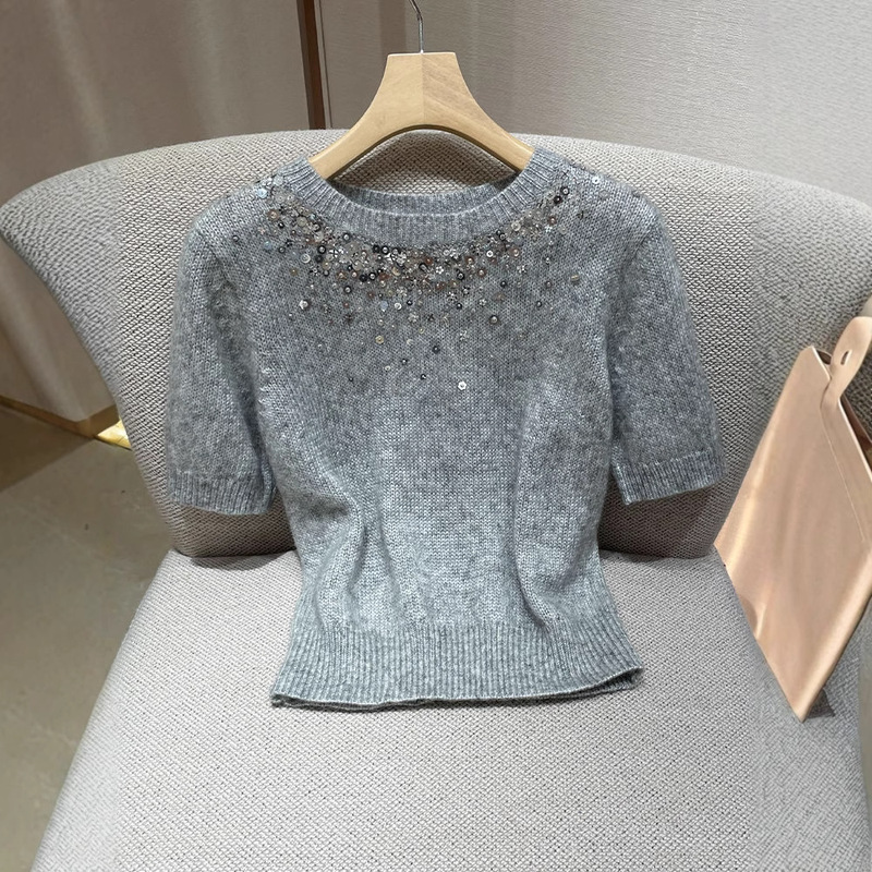 Tweed Style Heavy-Duty Beaded Sequin Knitwear Knitwear for Women Summer New Design Round Neck Slim Short-Sleeved Top