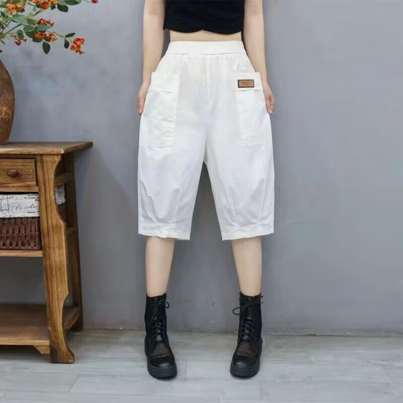 2026 Summer New Fashion Pocket Women's Cropped Pants Stylish Versatile Loose Slimming Washed Cotton Harem Casual Workwear