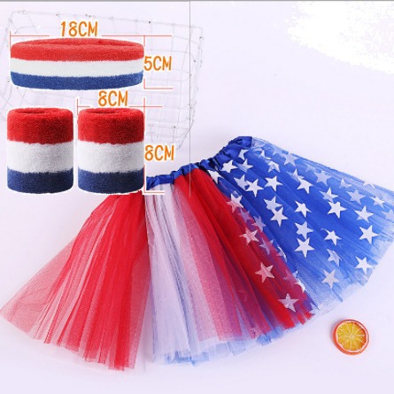 Nuevos accesorios de traje del Día de la Independencia de EE. UU. Falda tutú para adultos, hebilla para el cabello, pulsera, guantes de red, accesorios de vestir