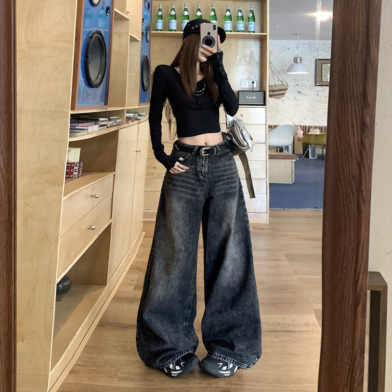 【今茵】美式街头时尚复古高腰宽松垂感阔腿拖地裤慵懒百搭牛仔裤|undefined