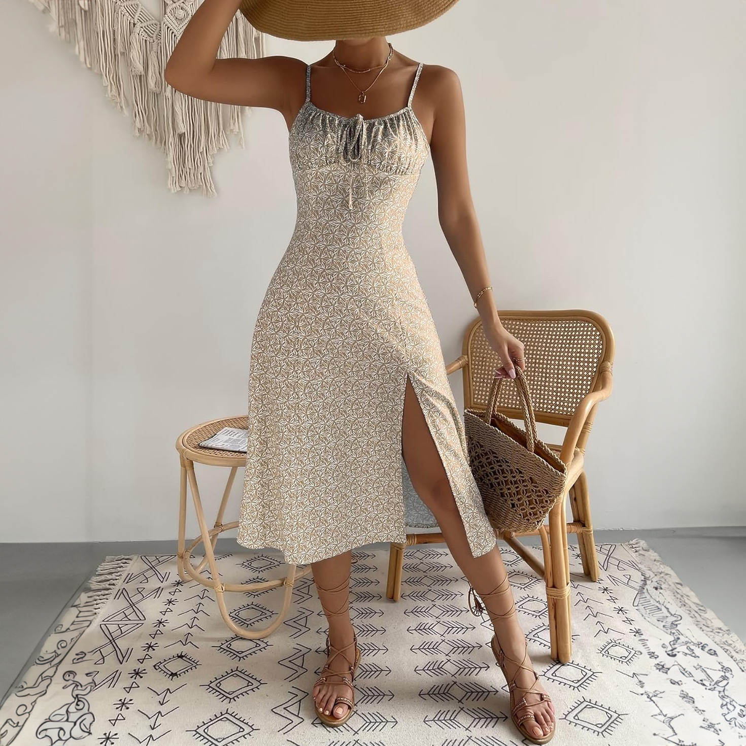 Summer Printed Pleated Backless Self Tie Slit Dress Women