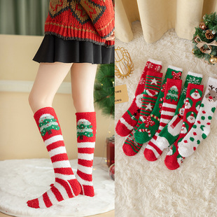 2022 New Coral Velvet Socks Women's Long Knee-high Christmas Socks Winter Thickened Half-side Velvet Half-high Socks for Women