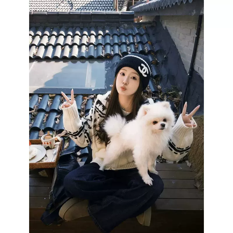 韩国正品~OPEN*秋冬新款费尔岛麋鹿开衫女潮牌加厚连帽毛衣外套