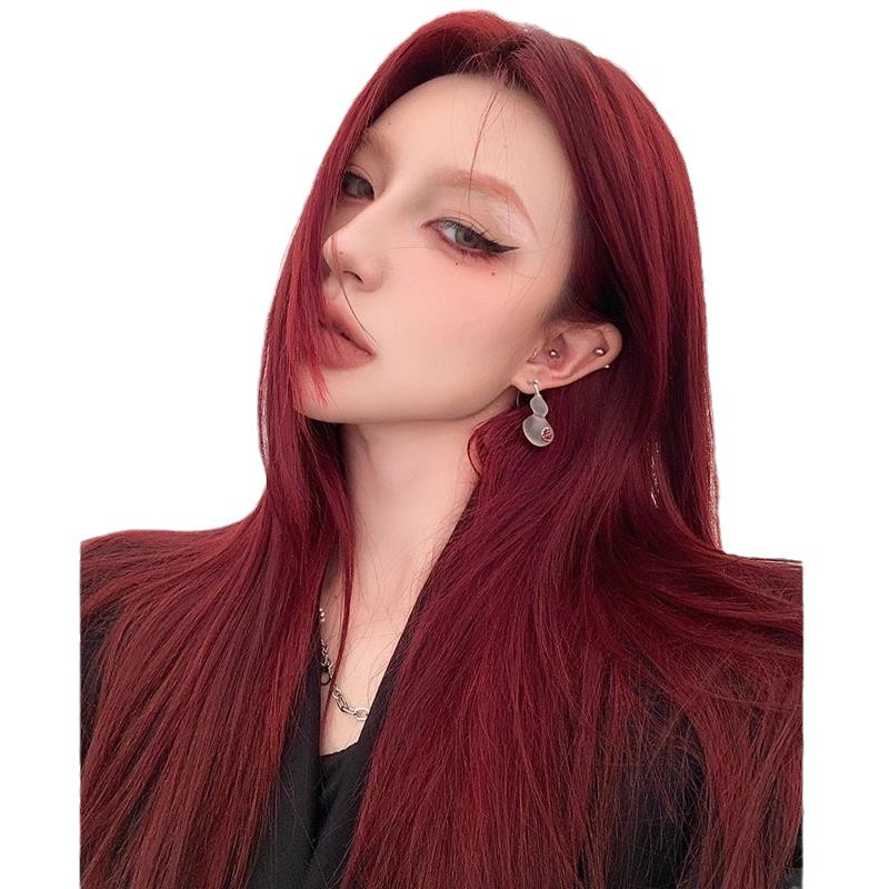 Star Mid-Range Wig Rose Red White Women's Long Straight Hair 2023 Fashionable Eight Characters No Bangs Natural Full Head Cover