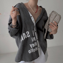 韩国chic秋季复古休闲翻领单排扣字母印花设计宽松薄款长袖衬衫