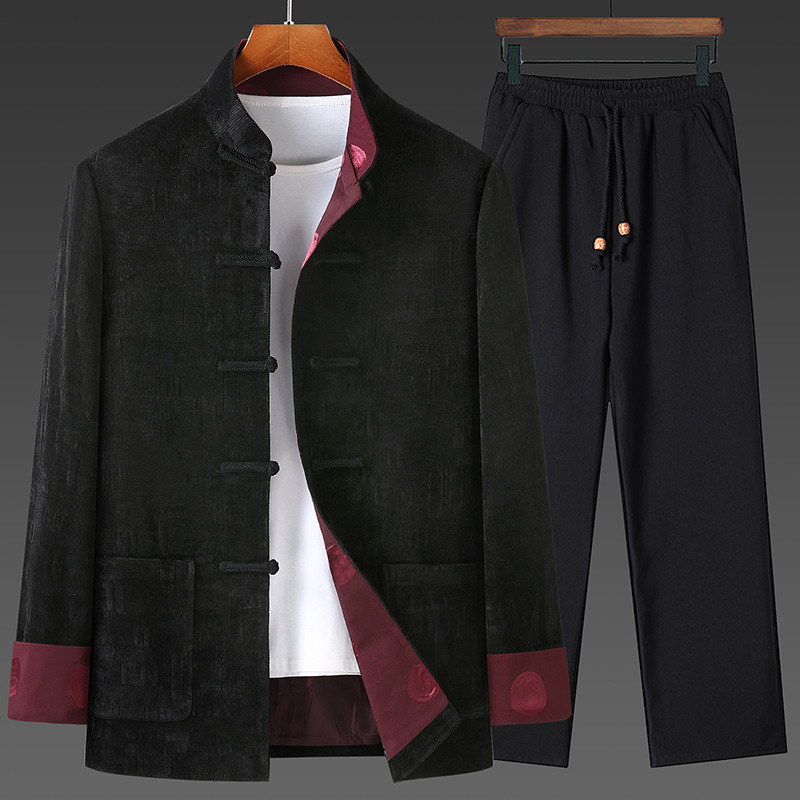 Men's Tang-style Spring and Autumn Jacket, Corduroy Jacquard Stand Collar Fold-button Jacket, New Chinese Style for Middle-aged and Elderly Fathers