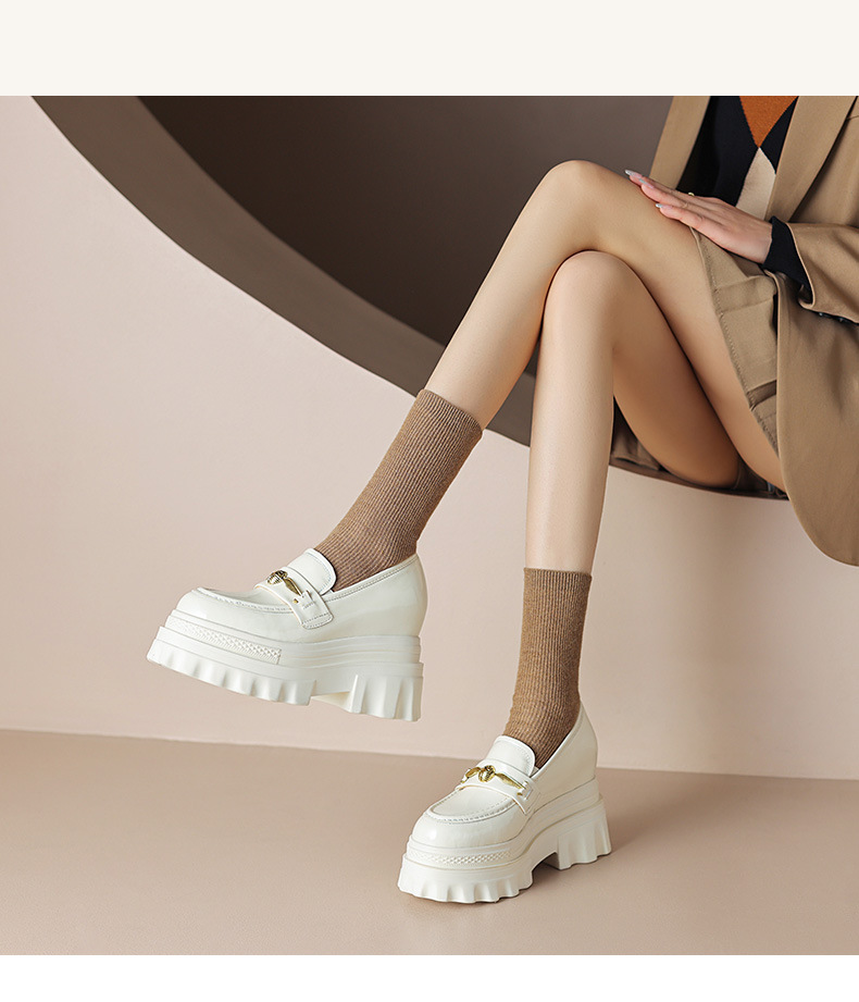 Giày loafer nữ đế xuồng cao gót 9 cm, mũi tròn, da bóng, tăng chiều cao — màu đen chi tiết 10