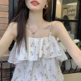 夏季郁金香碎花甜美一字肩雪纺衫女生夏天温柔外穿无袖小吊带上衣