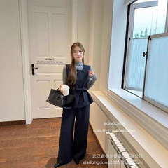 系带时尚休闲套装女2025年秋季新款打底衫背心马甲阔腿裤三件套潮