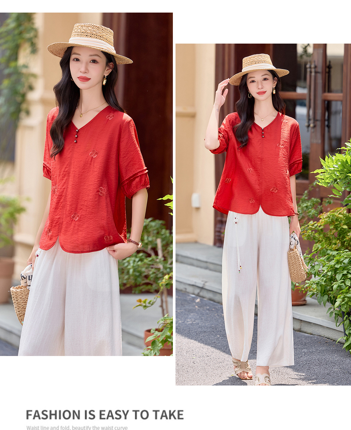 Bộ hai mảnh nữ hè 2026 áo thêu phối quần ống rộng cao cấp MM6652 — Màu hồng, màu đỏ chi tiết 17