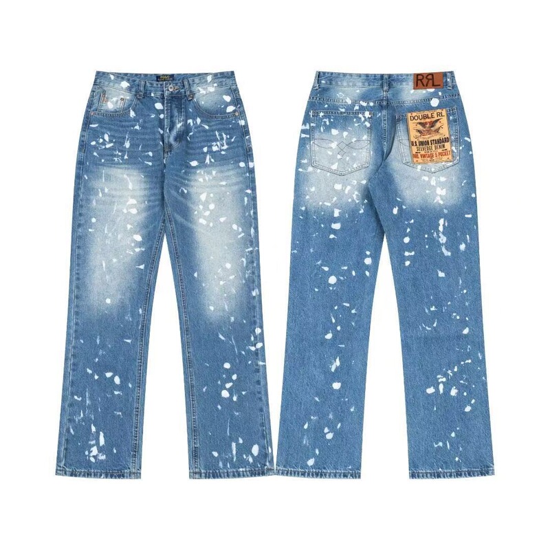 Foreign trade RL Ralph Lauren American retro workwear artistic splash-ink design logo unisex washed denim jeans Foreign trade RL Ralph Lauren American retro workwear artistic splash-ink design logo unisex washed denim jeans