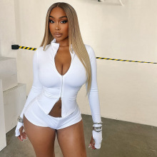 欧美2025秋冬新款女装纯色立领修身显瘦双拉链外套上衣短裤两件套