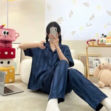 韩版条纹睡衣女夏季薄款凉爽冰丝短袖长裤高级感两件套家居服套装