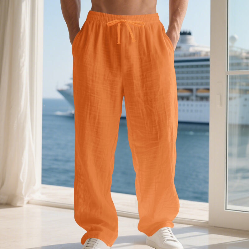 Men's Linen Casual Trousers Summer Loose Straight Leg Beach Pants Solid Color Breathable Resort Style Menswear_viptrois.com