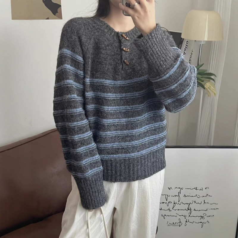 拼色条纹牛角扣套头毛衣女2025秋冬新款复古软糯宽松慵懒针织衫女|undefined