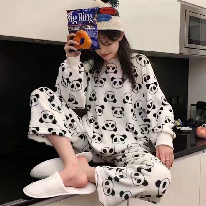 秋冬季睡衣法兰绒加厚女甜美卡通休闲长袖套头珊瑚绒家居服