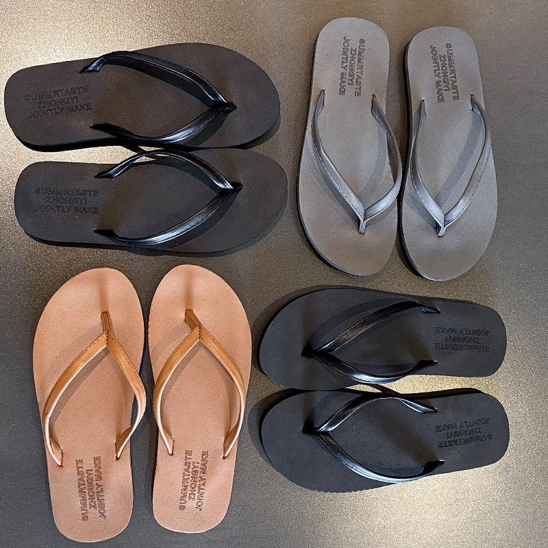 Flip-Flops for Women, Flip-Flops for Men, Black Pu Leather Couple Outer Wear, Fashionable Beach Vacation, Internet Celebrity Flats