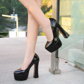 车模旗袍走秀高跟鞋女粗跟厚底防水台圆头大码法式复古浅口单鞋潮