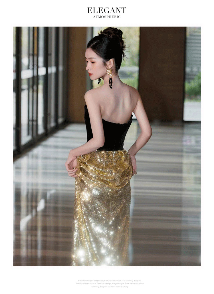 Đầm maxi nữ thắt eo kiểu Pháp, tay ống, phối sequin lấp lánh, dáng dài dự tiệc — Màu như hình chi tiết 11