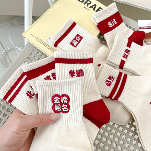 College Entrance Examination Socks Men's and Women's Couple's Top Scorer Exam Socks Super Popular Embroidered Mid-Calf Socks White Socks for Sending to Classmates for College Entrance Exams