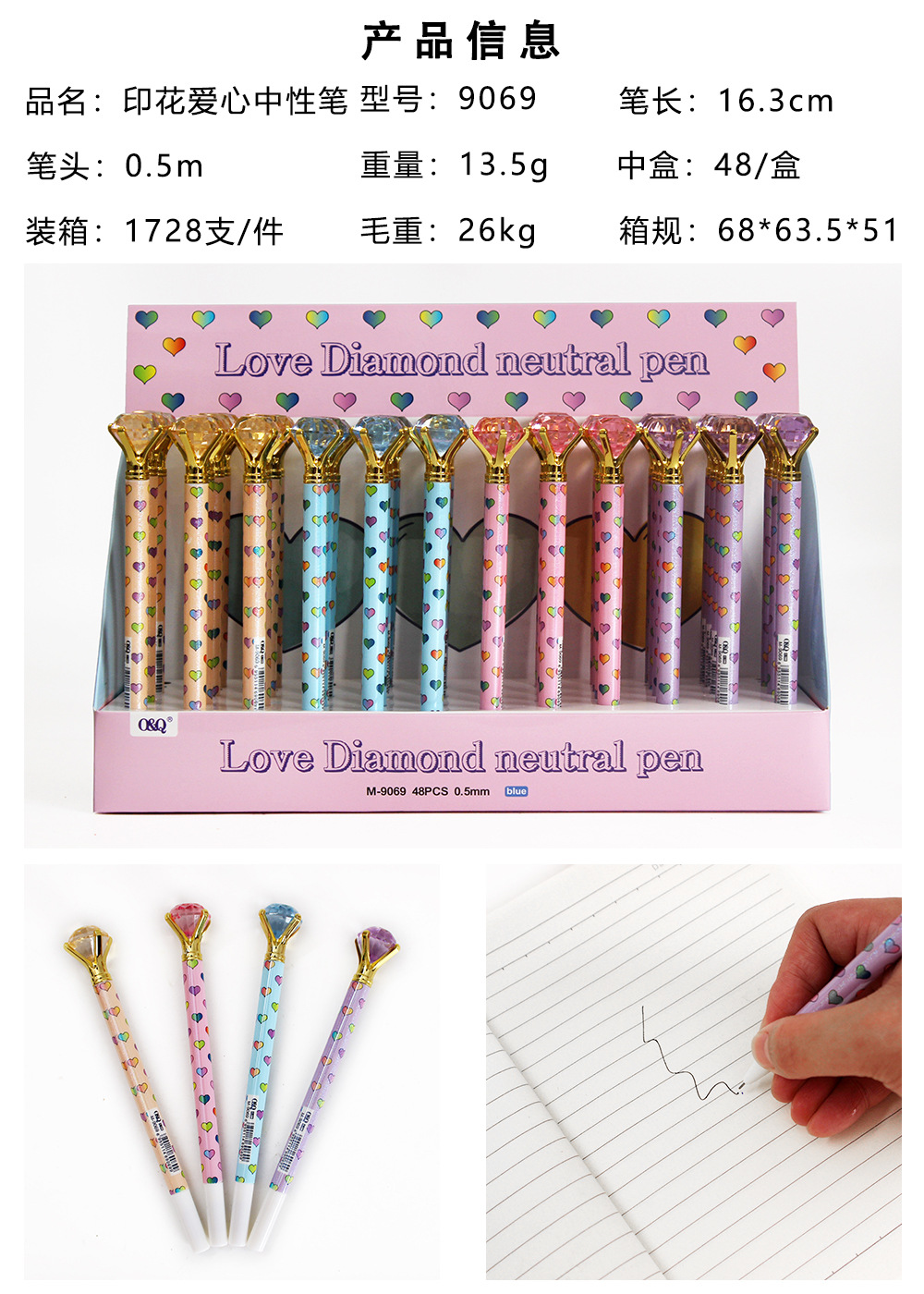 Pluma creativa del agua de la impresión del diamante al por mayor transfronteriza en la acción pluma grande linda del gel del negro 0,5mm del fishtail del diamante