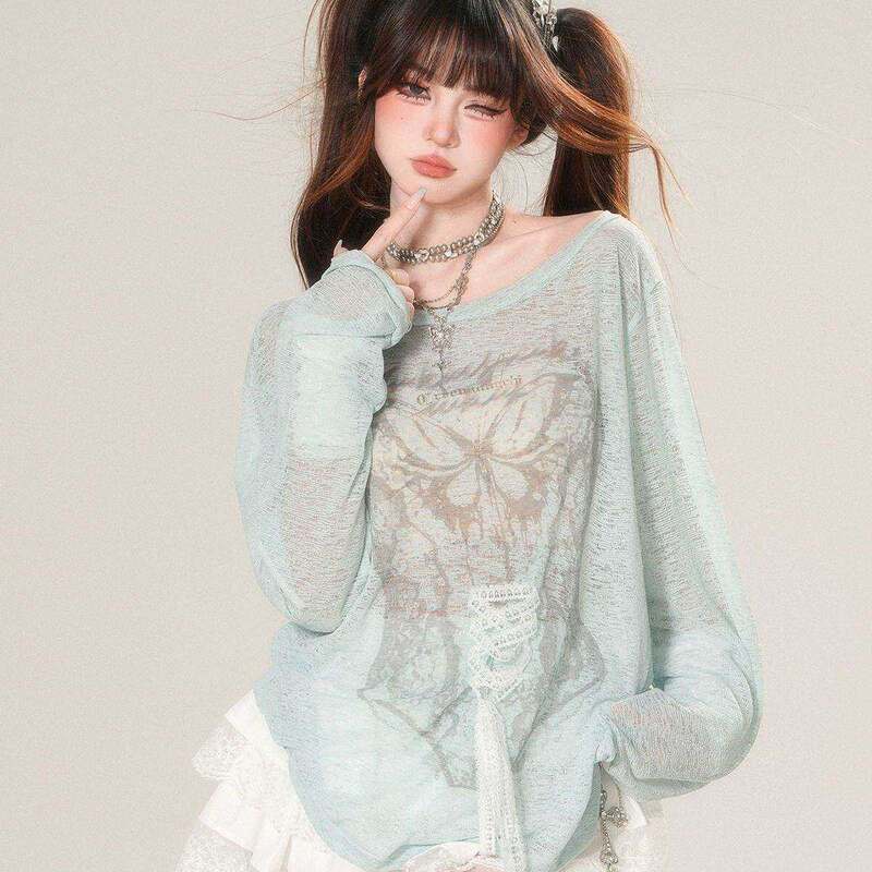 Pure Desire Style Lace-Up Slightly Sheer Sun-Protective Cover-Up for Women 2026 New Loose Slimming Off-Shoulder Long-Sleeve Outerwear Top